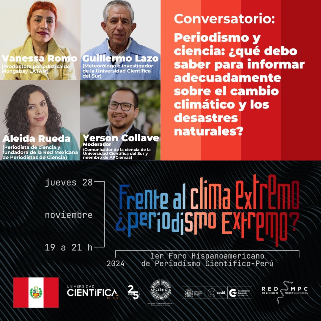 Si andan en Lima, esto ocurrirá hoy: el 1er Foro Hispanoamericano de Periodismo Científico en Perú 😀 
(Yo estaré en forma virtual)
