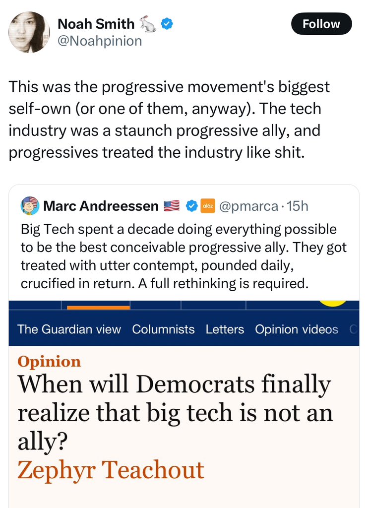 katewillett's tweet photo. Tech was never an ally.  Since tech is largely based in CA, they figured out how to launder fascist aims through progressive language (see the Effective Altruist, Longtermist, Cryptocurrency, Gig Economy and YIMBY movements) and now they’re just finally open about the eugenics. https://t.co/c4taayyeB9