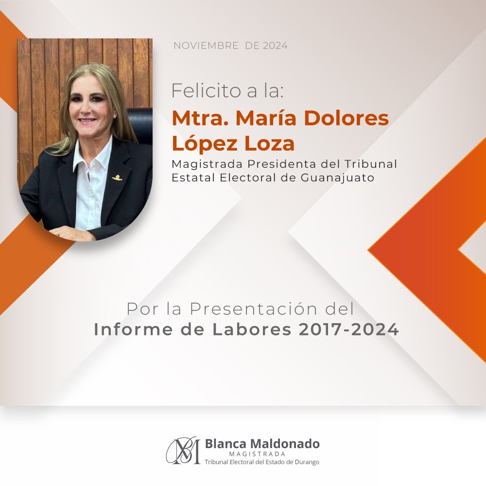 Blanca Maldonado (@by_maldonado) on Twitter photo Felicito a la Mtra. María Dolores López Loza, <a href="/lolitalopezloza/">María Dolores López Loza</a>, Magistrada Presidenta del <a href="/TEEGTO/">Tribunal Estatal Electoral de Guanajuato</a>, por la presentación del Informe de Labores 2017-2024.
Hago extensiva la felicitación a las magistraturas integrantes del pleno y a los colaboradores de dicho órgano jurisdiccional. Felicito a la Mtra. María Dolores López Loza, <a href="/lolitalopezloza/">María Dolores López Loza</a>, Magistrada Presidenta del <a href="/TEEGTO/">Tribunal Estatal Electoral de Guanajuato</a>, por la presentación del Informe de Labores 2017-2024.
Hago extensiva la felicitación a las magistraturas integrantes del pleno y a los colaboradores de dicho órgano jurisdiccional.