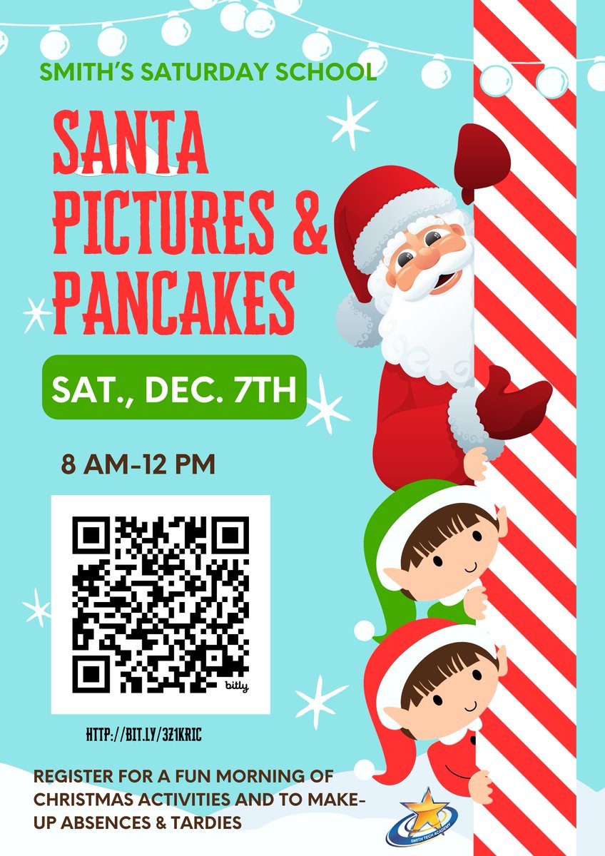 Smith_stars's tweet photo. Santa is coming to Smith School on Saturday, December 7th. Register to come eat pancakes and get your picture with him. You don't want to miss all the Christmas fun! #smith_stars #cjusd https://t.co/i0SKITQw0Q