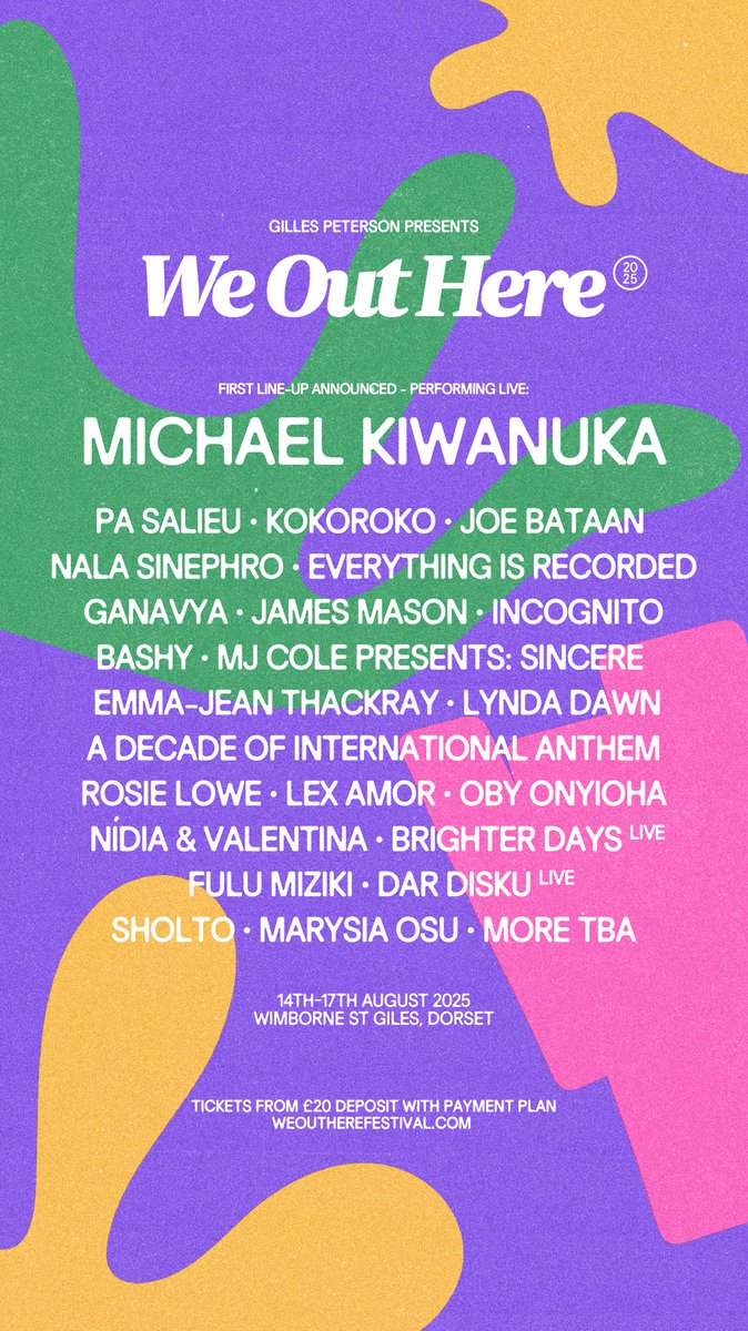 Worldwide FM (@worldwidefm) on Twitter photo It’s here! The first look at the <a href="/weoutherefest/">We Out Here Festival</a> lineup for 2025! This is just a taster of what’s to come with the full line up announcement in January with over 150 live acts and DJ’s revealed. It’s here! The first look at the <a href="/weoutherefest/">We Out Here Festival</a> lineup for 2025! This is just a taster of what’s to come with the full line up announcement in January with over 150 live acts and DJ’s revealed.