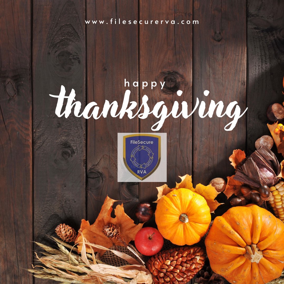 FilesecureRVA's tweet photo. Happy Thanksgiving 🦃 from all of us here at File Secure RVA. Wishing everyone a day full of turkey 🍽️ , family, and friends. 

#locallyownedandoperated #documentmanagement #happythanksgiving #shoplocalrva #rvasmallbusiness #shoplocal https://t.co/v1krAEmtme
