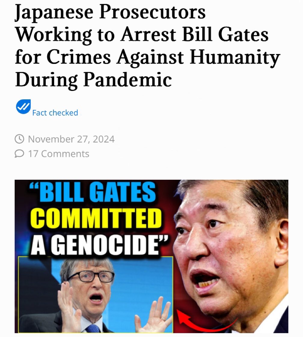 CilComLFC's tweet image. BREAKING: Japanese prosecutors are vowing to ARREST Bill Gates if he ever steps foot in Japan again, alleging that he is “complicit in mass murder” for deceiving the public about the safety of COVID-19 vaccines.

This is HUGE!