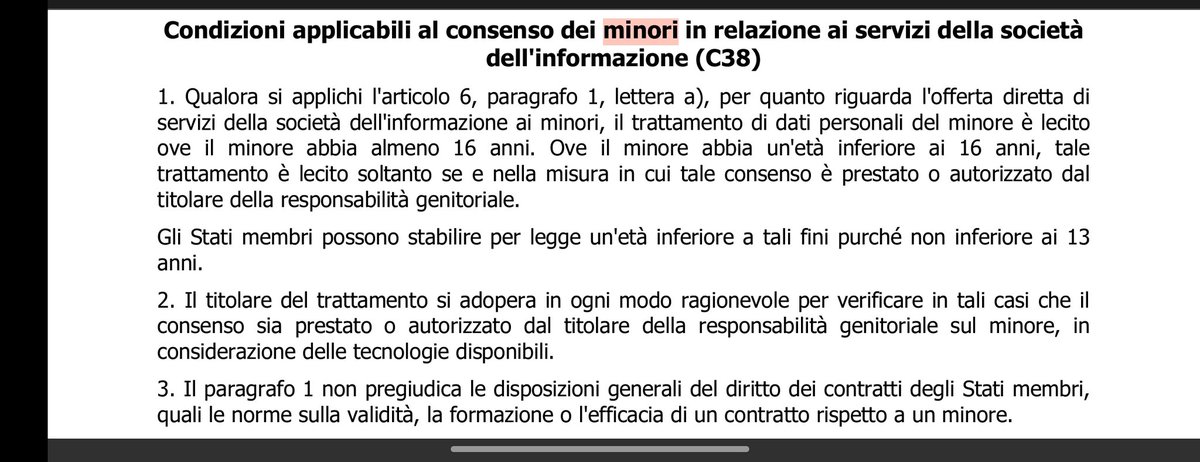 Questa roba dell'Australia e dei 16 anni sui social, presentata dai media come una inedita rivoluzione, è prevista in UE dal 2016 nel GDPR(art.8), salvo diversa scelta degli Stati...
In IT è 14. 
Il problema è come lo attui sto limite 🥴