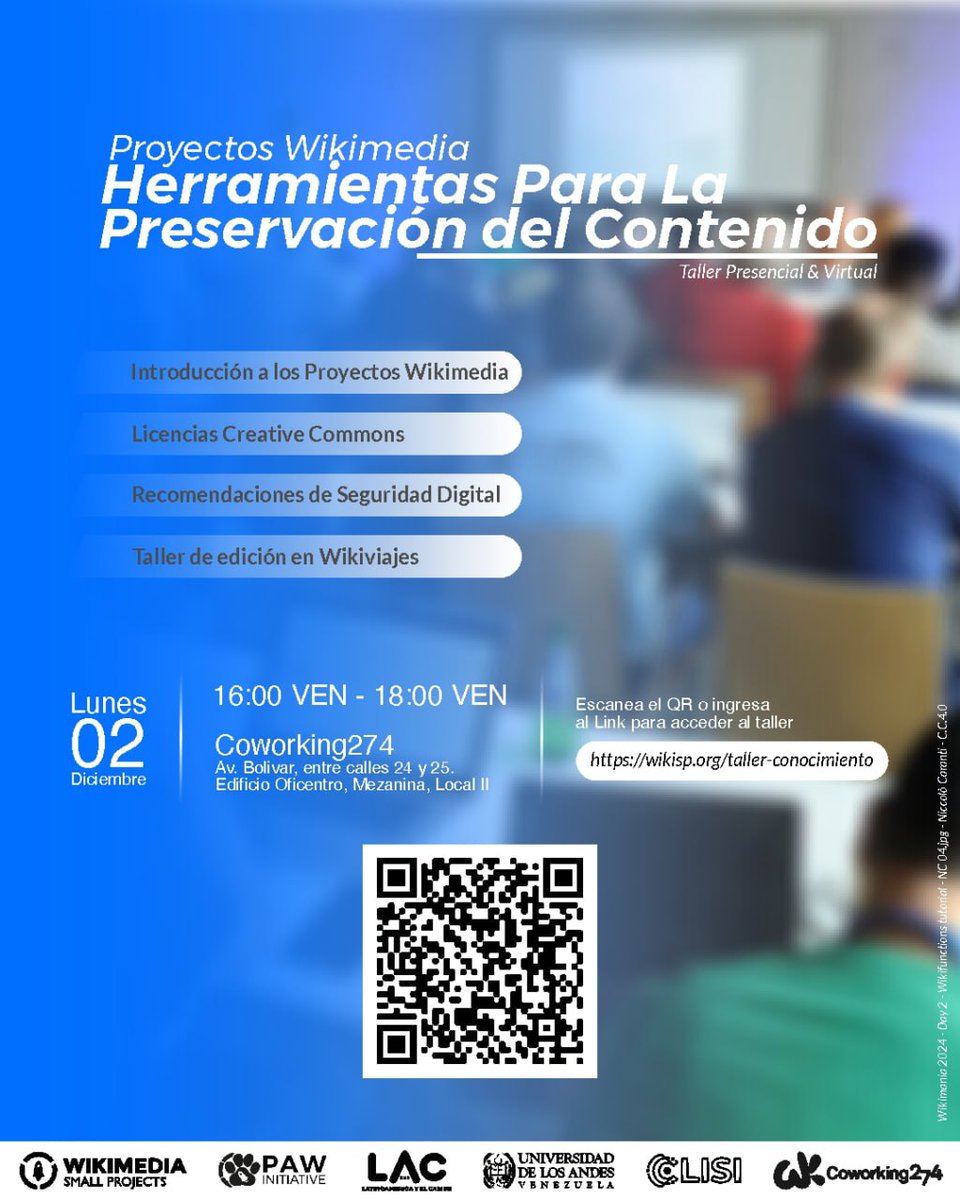 ¿Interesado en Wikimedia, licencias libres y seguridad digital? 😎

Únete a nuestro taller "Herramientas para la preservación del contenido". Escanea el enlace o usa el código QR para registrarte. ¡Cupos limitados! 🤩

wikisp.org/taller-conocim…