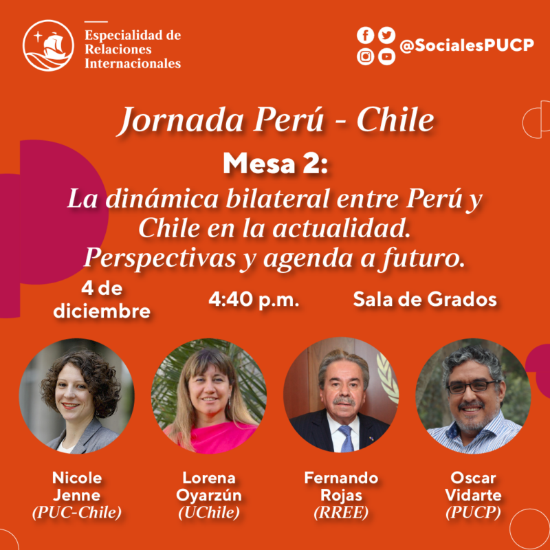 Este miércoles 04 de diciembre a las 3 PM vamos a realizar una jornada académica sobre Perú y Chile en la Sala de Grados de la Facultad de CCSS - PUCP. Desde Chile hemos invitado a dos excelentes académicas Nicole Jenne (U. Católica) y Lorena Oyarzún (U. de Chile). Los esperamos.