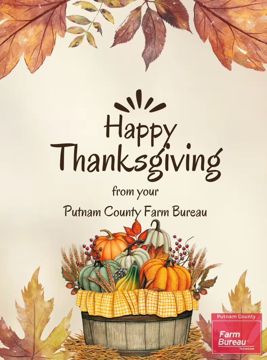 Grateful hearts and bountiful harvests! 🍂🌾 Wishing you a Happy Thanksgiving from all of us at Putnam County Farm Bureau. #Thankful #FarmFamily 🦃🍁