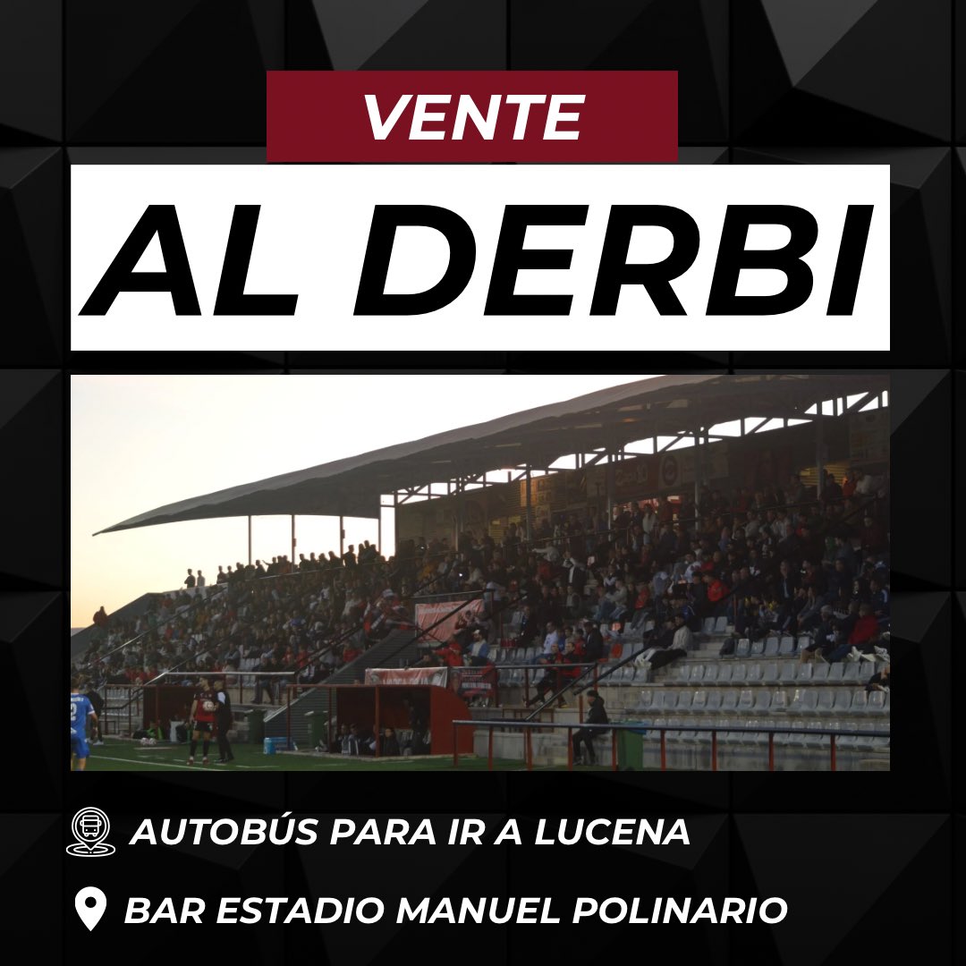 ❤️ 𝗧𝗨 𝗔𝗣𝗢𝗬𝗢 𝗘𝗦 𝗙𝗨𝗡𝗗𝗔𝗠𝗘𝗡𝗧𝗔𝗟 𝗘𝗡 #𝗘𝗟𝗗𝗘𝗥𝗕𝗜

ℹ️ El club pone a disposición un autobús para ir a Lucena. Reserva tu plaza por 5€ en el Bar del Estadio Manuel Polinario.

En caso de no completarse, se devolverá el dinero.

#MeQuedoContigo | #VamosRojillos