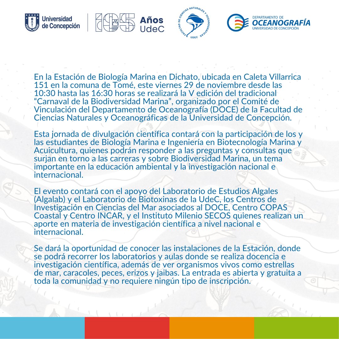 Departamento de Oceanografía UdeC (@doceudec) on Twitter photo #Noticias 📌 | Este viernes 29 de noviembre, de 10:30 a 16:30 horas, se realizará en Dichato el tradicional “Carnaval de la Biodiversidad Marina” con talleres y actividades de divulgación de las ciencias del mar, abiertas y gratuitas a toda la comunidad. #Noticias 📌 | Este viernes 29 de noviembre, de 10:30 a 16:30 horas, se realizará en Dichato el tradicional “Carnaval de la Biodiversidad Marina” con talleres y actividades de divulgación de las ciencias del mar, abiertas y gratuitas a toda la comunidad.