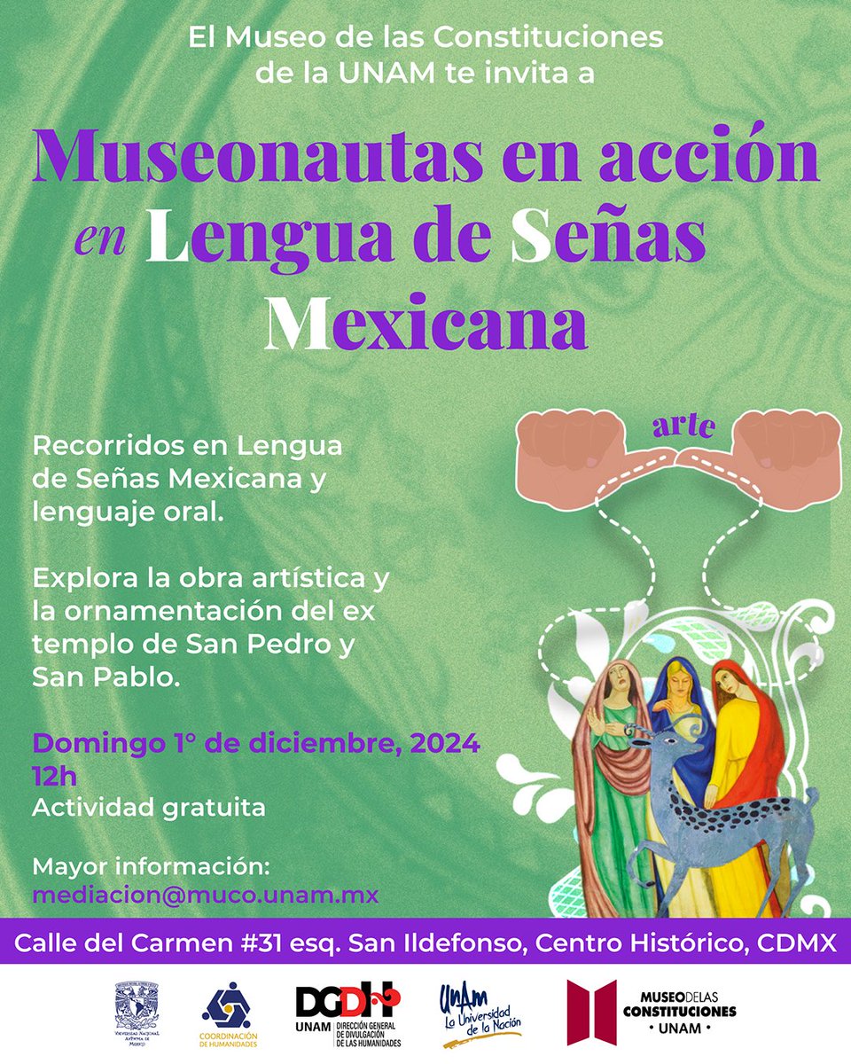 Recuerda que este domingo 1 de diciembre el MuCo te espera a las 12h con su actividad "Museonautas en acción en Lengua de Señas Mexicana #LSM”, un recorrido diferente para conocer la obra artística que viste los muros del recinto sede de este museo. Actividad gratuita para