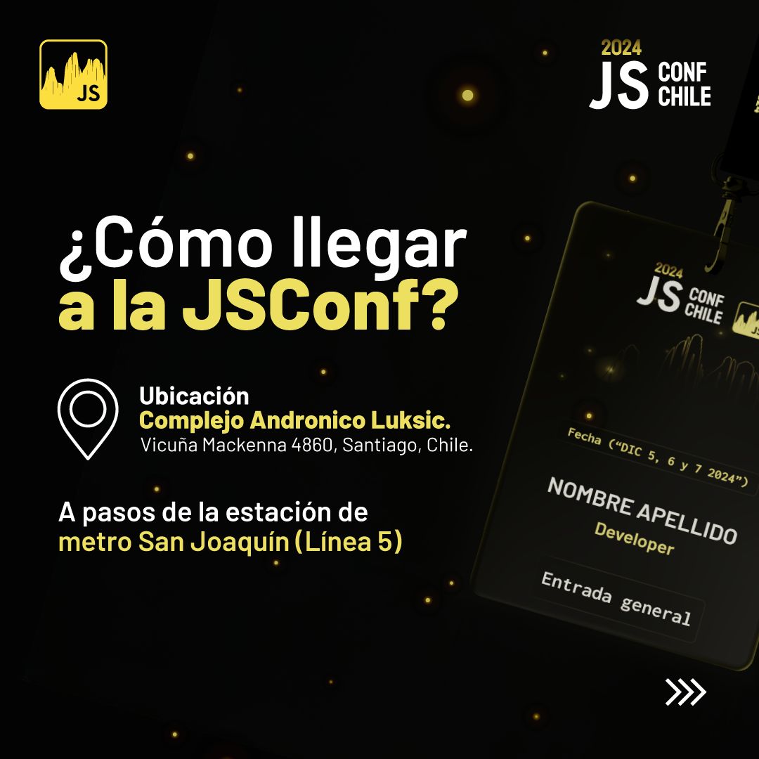 jsconfcl's tweet image. 📍 ¿Cómo llegar a la JSConf Chile 2024?
Nos vemos en el Complejo Andrónico Luksic, ubicado en:
📍 Vicuña Mackenna 4860, Santiago, Chile
👉 ¡Es muy fácil llegar!
Estamos a solo unos pasos de la estación de metro San Joaquín (Línea 5). 🚇