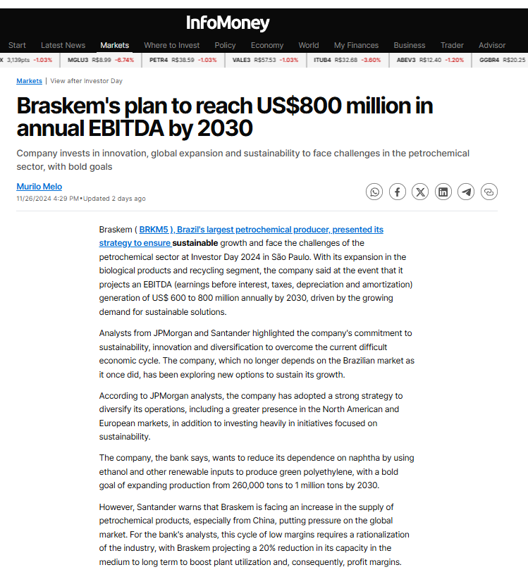 filiusVi's tweet photo. $BAK #BRKM5 Braskem ´s 2024 Investor Day summary:

- Driven by demand for sustainable solutions, 2030 EBITDA projected at US$ 600 to 800 million per year

- Diversification strategy, with greater presence in the North American and European markets

- Green polyethylene (using ethanol) will grow from 260k to 1000k tons by 2030; already reduced dependence on naphtha from 80% to 35%

- In Mexico, investments in the ethane import terminal should increase EBITDA of US$70 million by 2025. Ethane plant expansion (+20%) is being considered, resulting in + US$ 100 million EBITDA / yr

- 20% reduction in its capacity in the medium to long term to boost plant utilization and margins

- In the United States and Europe, expects to capture US$20 to 30 million in EBITDA from its biotechnology and recycling initiatives