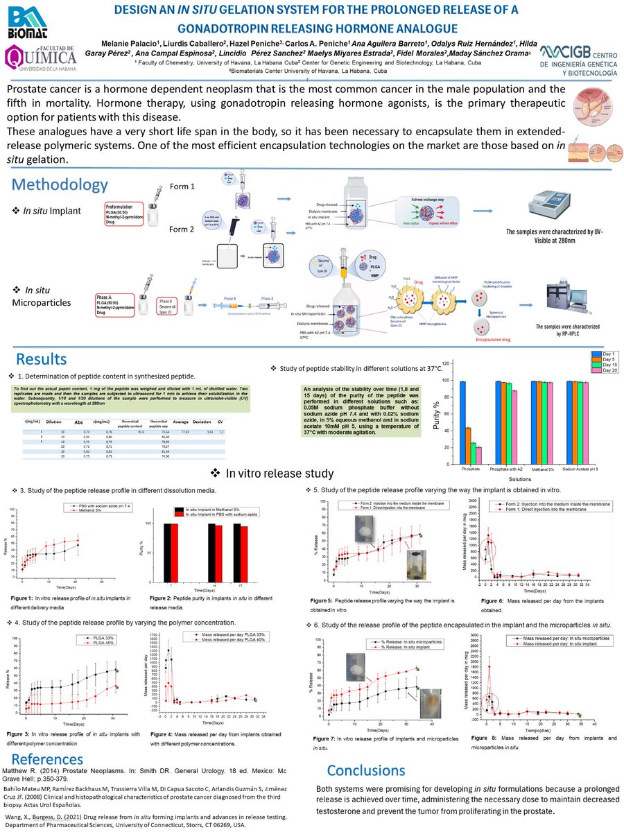 Hola <a href="/quimicuba2024/">Quimicuba2024</a> . Les presento mi trabajo: "Diseño de un sistemas de gelificación in situ para la liberación prolongada de un análogo de la hormona liberadora de gonadotropinas."
#QC2024Materials 
#Drugdelivery