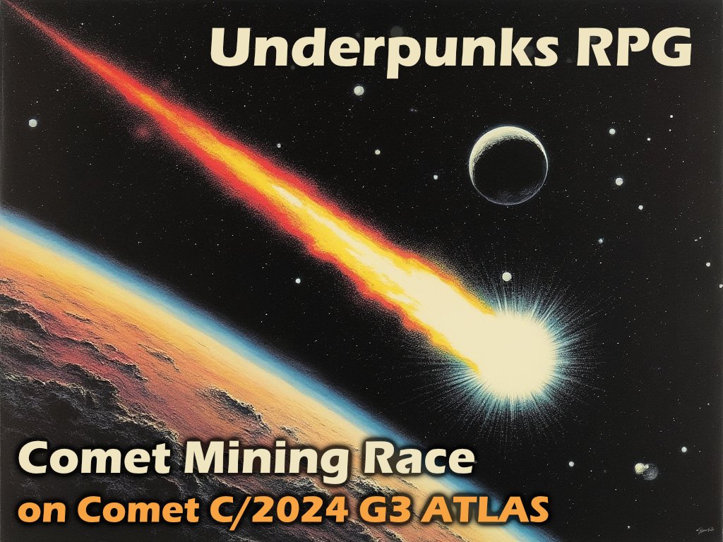 JaydzDev's tweet photo. 🚀 Mining on a Comet in the #UnderpunksRPG just got real #WAXFAM!
As #Comet C/2024 G3 ATLAS approaches the Sun, the ice ball heats up, making mining tougher with each space league.
Use the !mine command wisely; once past Mercury, it's a slingshot into chaos! ☄️
🚀Comet is about to intersect with Earth's orbital path.
🚀Will intersect Venus' orbital path on December 20th.
🚀Will pass directly in front of Mercury on January 2nd.
🚀It will reach its Perihelion, its point nearest to the Sun, on January 13th, 2025.
🚀It won't intersect Earth's orbital path again until April 18, on the way out.
🚀Travelling at 86 thousand km/h, it will take 2 months to get from Earth's orbital path to that of Mars.
- Hitch a ride with one of our experienced pilots.
#PlayOnDiscord - https://t.co/DKOaEgMwY7
#SpaceMining #RetroGaming #UnderpunksRPG @WAX_io $WAXP
