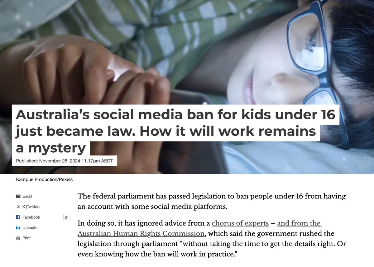 The U16 SM ban isn’t just unworkable and intrusive, it fails to make platforms safer, or compel SM companies to change their dangerous algorithms.

Worse, it pushes kids to darker, unregulated corners of the internet, and isolates kids for whom SM is their only way of connecting.