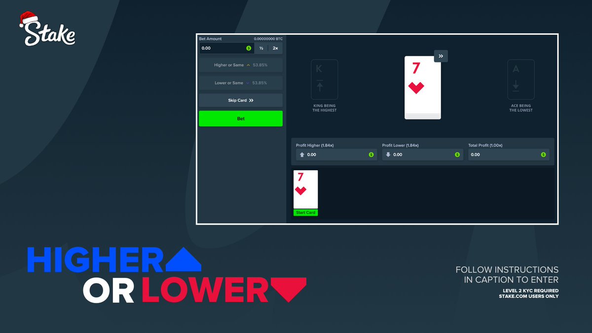 Higher or Lower? ↕️

Do you think the next card drawn is higher or lower than the starting card pictured below? 👀

Comment your selection below alongside your username and we'll randomly selected 10 correct answers to win $100 of Stake credit each 🤑