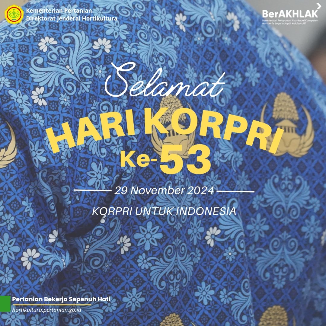 ditjenhorti's tweet image. Selamat Ulang Tahun ke-53 KORPRI!🇮🇩

Menjunjung tinggi tema “KORPRI untuk Indonesia”, mari kita wujudkan pelayanan yang profesional, berintegritas &amp;amp; berdampak bagi masyarakat.

#harikorpri #korpri #pns #asn