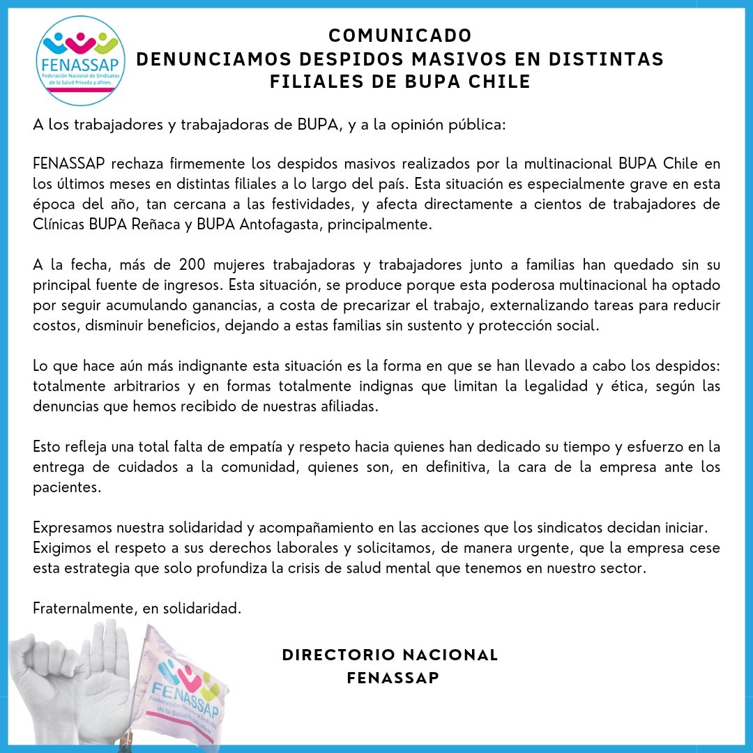 👉 Rechazamos las acciones de <a href="/BupaChile/">Bupa Chile</a> que a la fecha han sumado más de 200 despidos en sus filiales de #Antofagasta y #Reñaca principalmente.
Cientos de trabajador@s y sus familias sin su fuente de ingresos.
Las multinacionales de la salud siguen precarizando el empleo.