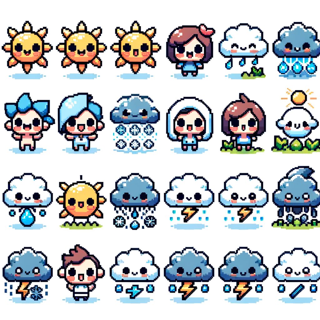 itchson's tweet photo. ITCHSONS DAILY 2D PIXEL AI GENERATED ASSET PACKS FOR INSPIRATION 🎮 Pixel Perfection: Weather Wonders for Your 2D Game"  
#PixelArt #GameDev #IndieGame #Retro8Bit https://t.co/TMv0JN1jpH