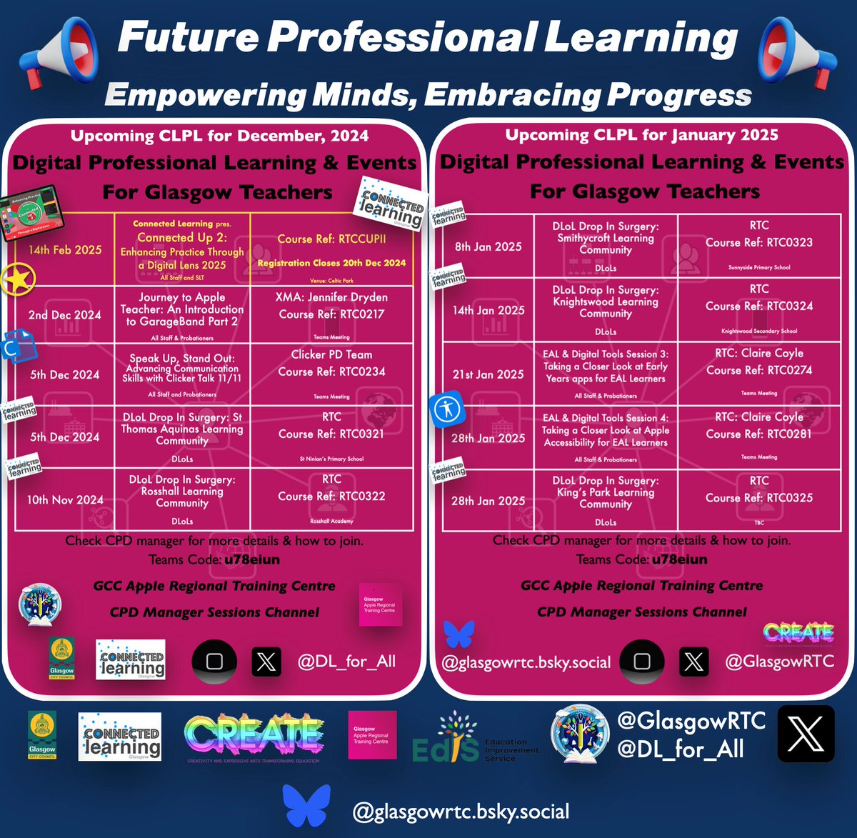 GlasgowRTC's tweet photo. 📢It's⏲️again to begin to wrap our professional learning up for 2024 and get ready for🎄#Glasgows12DaysOfXmas 🎅We are closing things out this week with @AppleEDU #teacher &amp; @Cricksoft along with @StThomasAqSec Learning Community DLoL Surgery @NinianPr @EdISGlasgow @DL_for_All https://t.co/BhrIMz4SwF