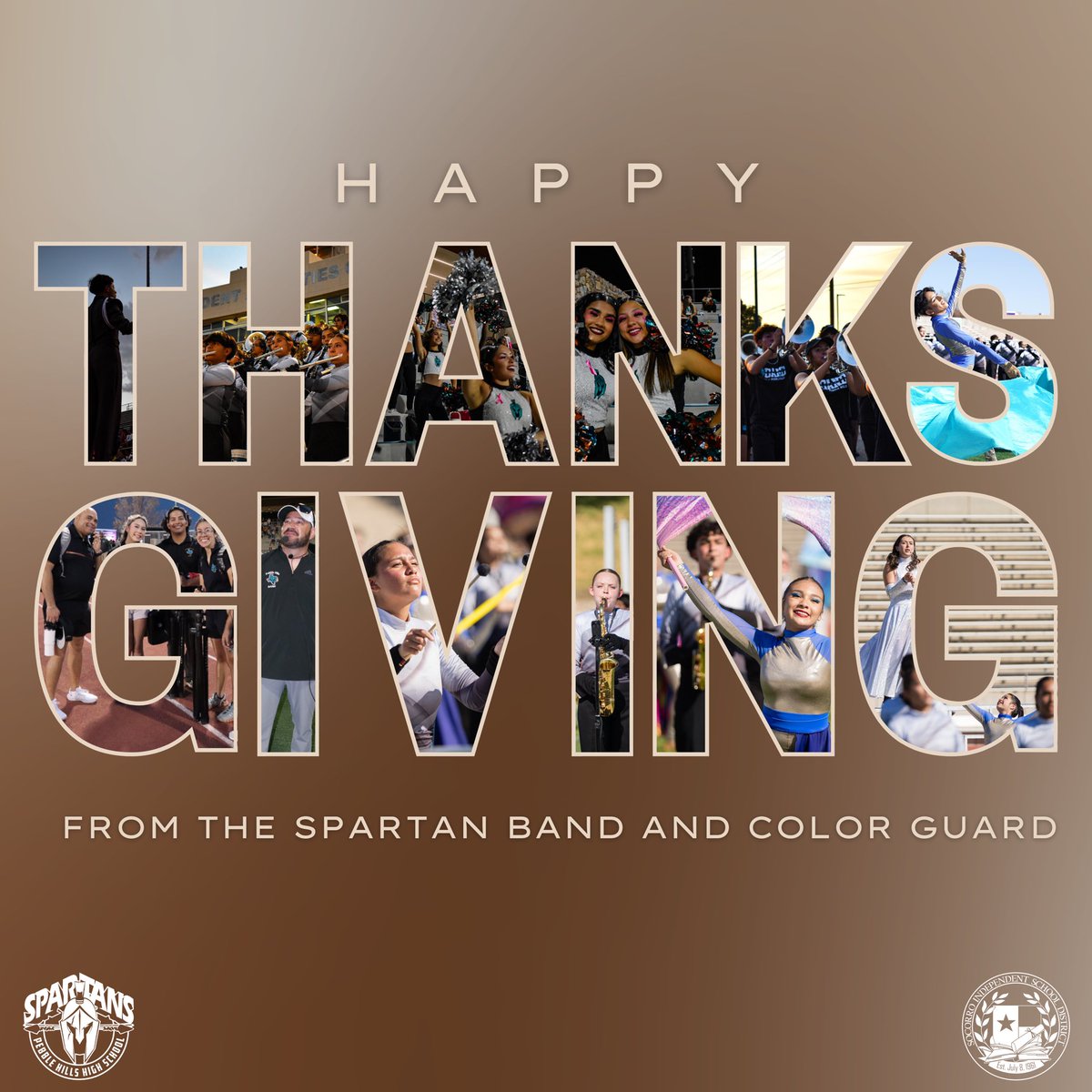 Happy Thanksgiving from your Pebble Hills High School Spartan Marching Band and Color Guard! 

Students, Directors, staff, parents sponsors, alumni and all those who have made an impact on this program- we thank you! <a href="/PHills_HS/">Pebble Hills High School</a> <a href="/SISD_FineArts/">SISD Fine Arts</a>