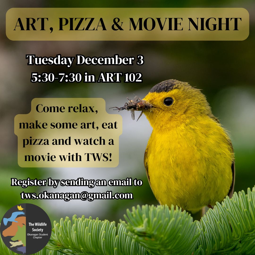 Hey Wildlifers, we’ll be hosting an art, pizza, and movie night on campus in ART 102. 

More info on the Instagram: instagram.com/p/DC767DJykUL/

Stay safe and stay wild!🌳🪲🐭

#thewildlifesociety #ubc #ubco #ubcokanagan #wildlife #suo