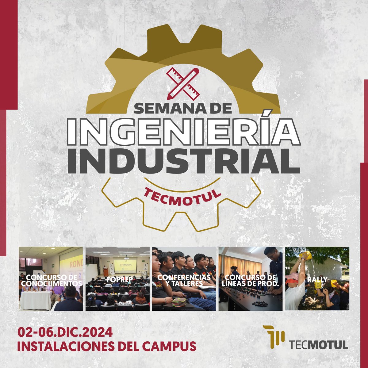 📣 ¡Semana de Ingeniería Industrial 2024! 🚀

🗓 Del 2 al 6 de diciembre
📍 TecNM Campus Motul

Prepárate para una semana llena de eventos académicos, actividades interactivas y dinámicas diseñadas para inspirar y potenciar tu formación. 🎓🔧

¡No te lo pierdas! 💡