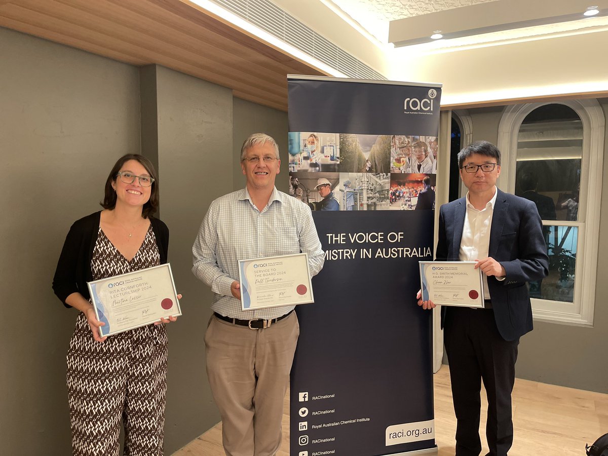 Chuan Zhao (@chuanzhao11) on Twitter photo Great honour to receive the RACI H.G. Smith Memorial Medal last night at <a href="/RACInational/">Royal Australian Chemical Institute</a> <a href="/RACI_NSW/">RACI NSW</a> Awards #ozchem. Congratulations also to two my UNSW colleagues <a href="/PalliThordarson/">Palli Thordarson</a> for the RACI Service to the Board award & Martina Lessio for the RACI Rita Cornforth Lectureship. Great honour to receive the RACI H.G. Smith Memorial Medal last night at <a href="/RACInational/">Royal Australian Chemical Institute</a> <a href="/RACI_NSW/">RACI NSW</a> Awards #ozchem. Congratulations also to two my UNSW colleagues <a href="/PalliThordarson/">Palli Thordarson</a> for the RACI Service to the Board award & Martina Lessio for the RACI Rita Cornforth Lectureship.