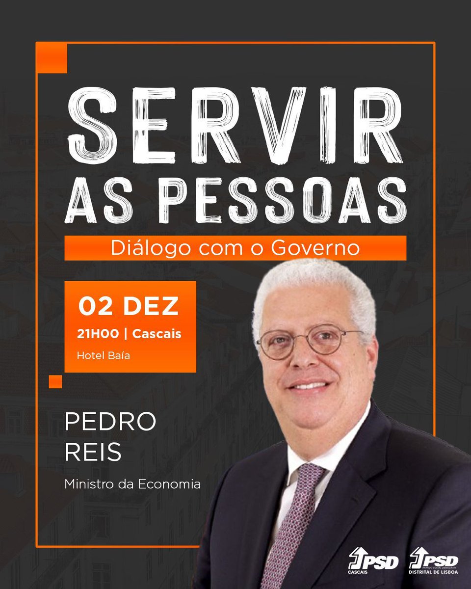 🟠 Contamos consigo na 4ª sessão da iniciativa #ServirAsPessoas? Cascais irá receber o Ministro da Economia, Pedro Reis.
Esta iniciativa terá lugar no próximo dia 𝟮 𝗱𝗲 𝗱𝗲𝘇𝗲𝗺𝗯𝗿𝗼, segunda-feira, pelas 21h00, no Hotel Baía.
<a href="/pedrotmareis/">Pedro Reis</a>