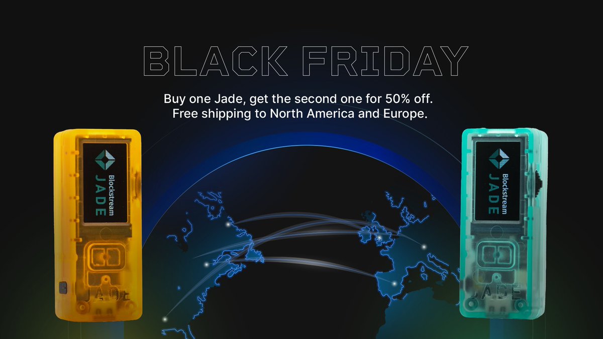 BlockstreamJade's tweet image. 🚨 Black Friday Alert! 🚨

Starting Nov 29 at 12:00 EST, be online for our biggest sale of the year!

Buy two Jades and get the second one for 50% off. Plus, enjoy free shipping across North America and Europe. 🌎🌍

Enter to win 1 of 5 Jades we’re giving away by following…