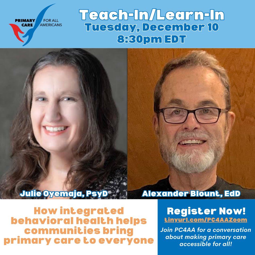 Join the PC4AA Zoom event on Dec 10, 8:30 PM EDT, featuring Julie Oyemaja &amp; Alexander Blount. They'll discuss integrating behavioral health with primary care for community-centered solutions. Join bit.ly/3PXi2CH

#CommunityHealth #IntegratedCare