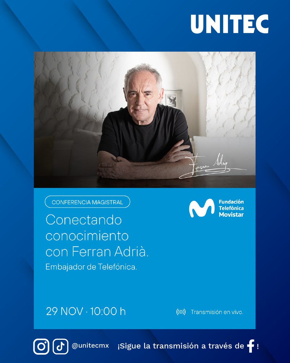🍽✨ ¡No te lo pierdas! Ferran Adrià, maestro de la cocina molecular, compartirá su visión en nuestra próxima conferencia con transmisión en vivo. Con tres estrellas Michelin y El Bulli como el mejor restaurante del mundo, ¡inspirarte con su pasión será inolvidable!