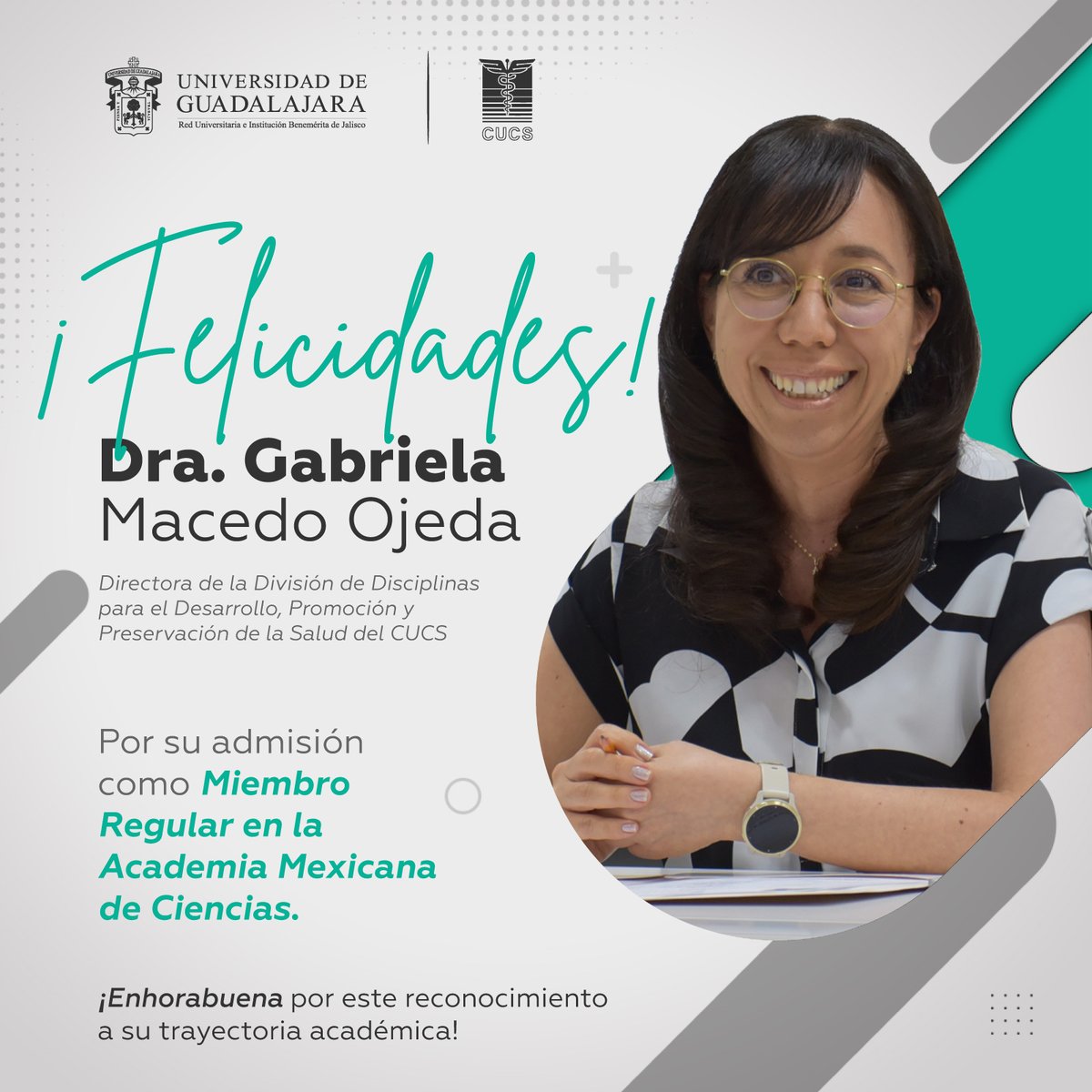 OficialCUCS's tweet photo. ✨ La Comunidad CUCS felicita a la Dra. Gabriela Macedo Ojeda 👩🏻⚕️ por su admisión como Miembro Regular de la Academia Mexicana de Ciencias 🧪.
¡Muchas felicidades, Dra. Macedo Ojeda! 🎉 Eres un auténtico #OrgulloCUCS 🦁👏. https://t.co/rG951U06OM