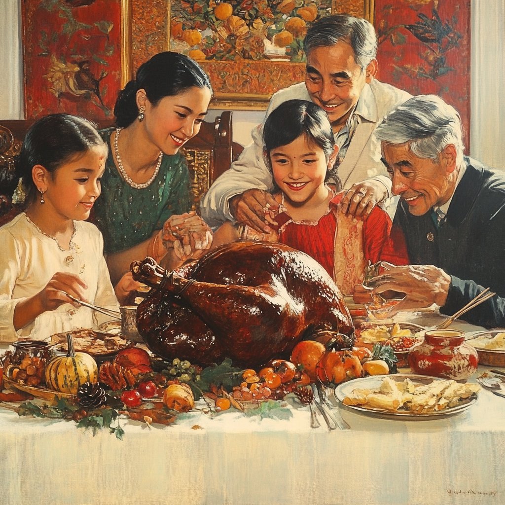 Green beans done. Potatoes peeled. Turkey should be in the oven just in time. Family starting to arrive. Norman Rockwell style painting depicting the event generated by AI. I couldn't be happier.

Happy Thanksgiving, friends!