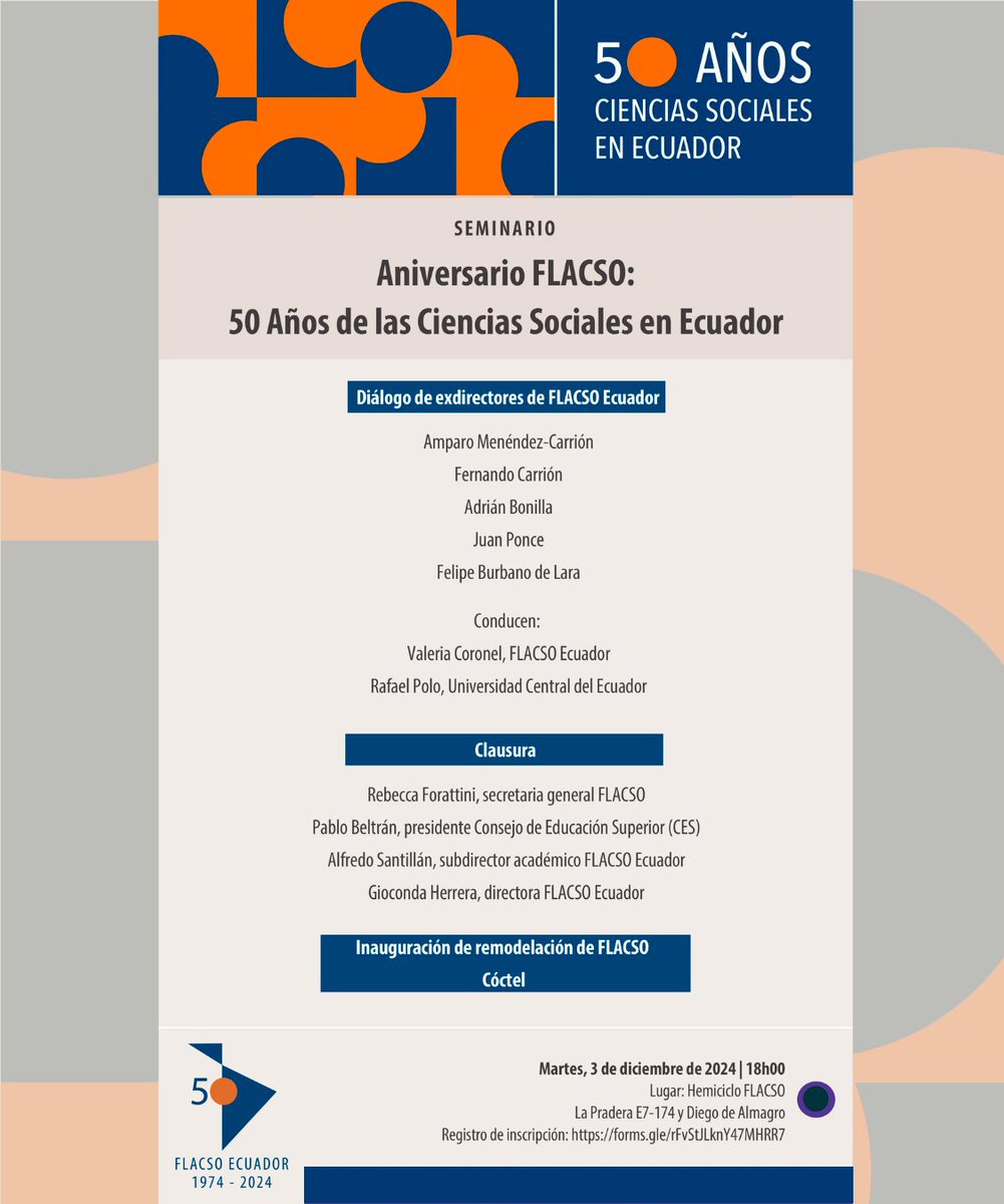 ¡El Seminario por el 50 aniversario de FLACSO Ecuador está cada vez más cerca!
Este 3 de diciembre no te pierdas el Diálogo de exdirectores/as, un cierre memorable que reúne las voces que han marcado nuestra historia y el futuro de las Ciencias Sociales en la región.

🗓️ 2 y 3 de