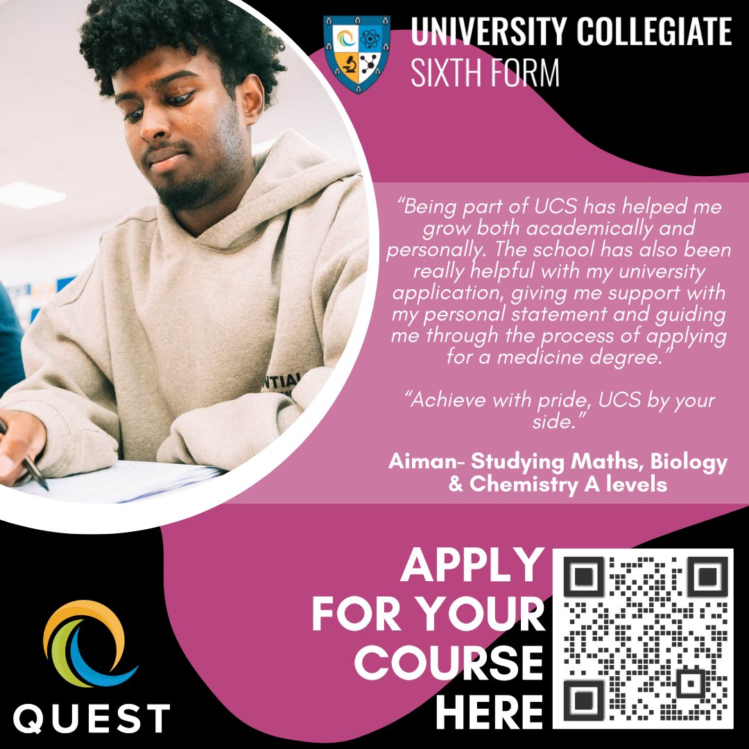 Some food for thought from one of our 
A level students Aiman.

We love the catch phrase “achieve with pride, UCS by your side.”

Check out our online prospectus here 👇🏼

indd.adobe.com/view/4e7e4a29-…

@QUESTtrust @TheUCSchool 
#Quest #EmployerLed #TechnologyPowered #DestinationFocused