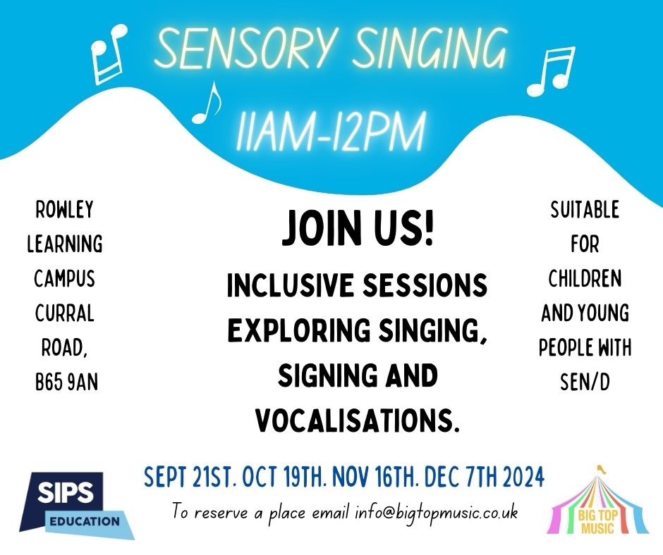 Sensory Singing🥳
🤩  SATURDAY 7th DECEMBER! 🤩 

11am-12pm

Rowley Learning Campus, Curral Road, B65 9AN 
Sessions are in the HUB (on the entrance floor)

To reserve a space, or for more info get in touch!

#musicaladventures #pmld #autism #sensory #music