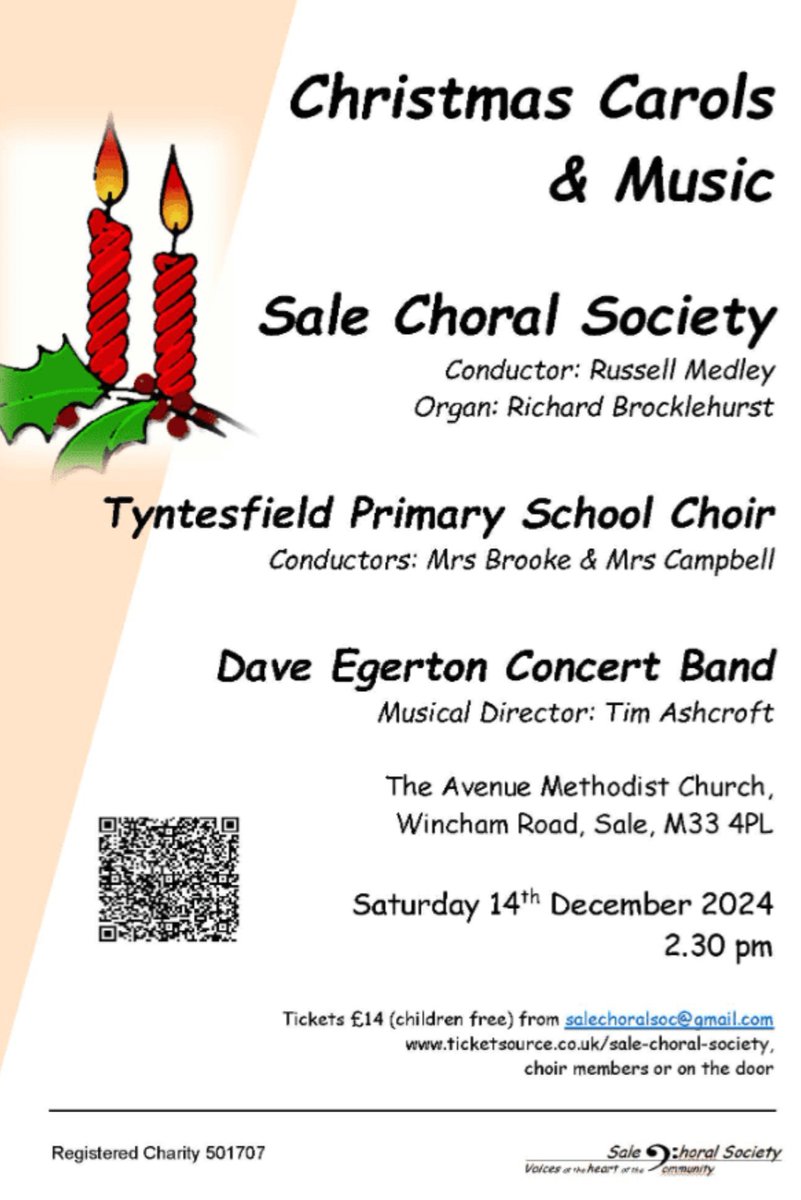 The <a href="/SaleChoralSoc/">Sale Choral Society</a> packed programme of Christmas Carols and Music includes the school choir from <a href="/tyntesfield/">Tyntesfield Primary</a>, the <a href="/DaveEgertonBand/">Dave Egerton Band</a> and the premier of a new carol by <a href="/alicebeckwith/">Alice Beckwith</a>.  The Avenue Methodist Church, Sale on Sat 14th Dec 2024 ticketsource.co.uk/sale-choral-so…  #M33