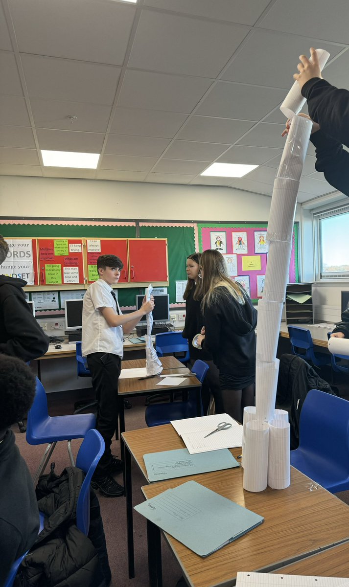 StudiesSt's tweet photo. Mrs Ockenden’s S3 Business class were learning all about group interviews this week and completed some group interview tasks including creating a free standing tower from paper and sellotape. #business https://t.co/tuqxUwMMVa