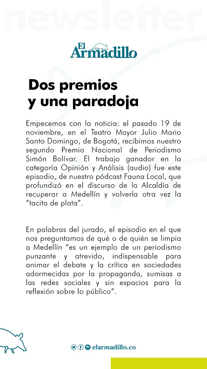 elarmadilloco's tweet image. Hoy salió nuestro newsletter 📩🏆

"Pero este año, a pesar de tocar muchas puertas y de la visibilidad del primer premio, no logramos conseguir apoyo para #FaunaLocal —y sí o sí lo necesita—: ni universidades ni empresas ni otras entidades..." ⤵️

mailchi.mp/elarmadillo/do…