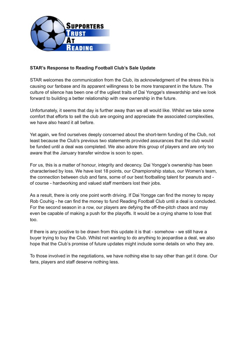 STAR Response to Reading Football Club's Sale Update