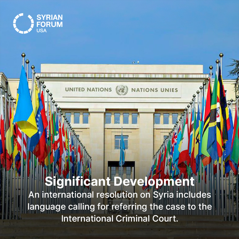 SyrianForumUSA's tweet image. The @SyrianForumUSA's efforts in the General Assembly resolution:

Strengthening the language of international justice for Syria.

#Syria #SyrianForumUSA #SupportSyria #ICC #UN #GeneralAssembly #advocacy #Syrian_revolution