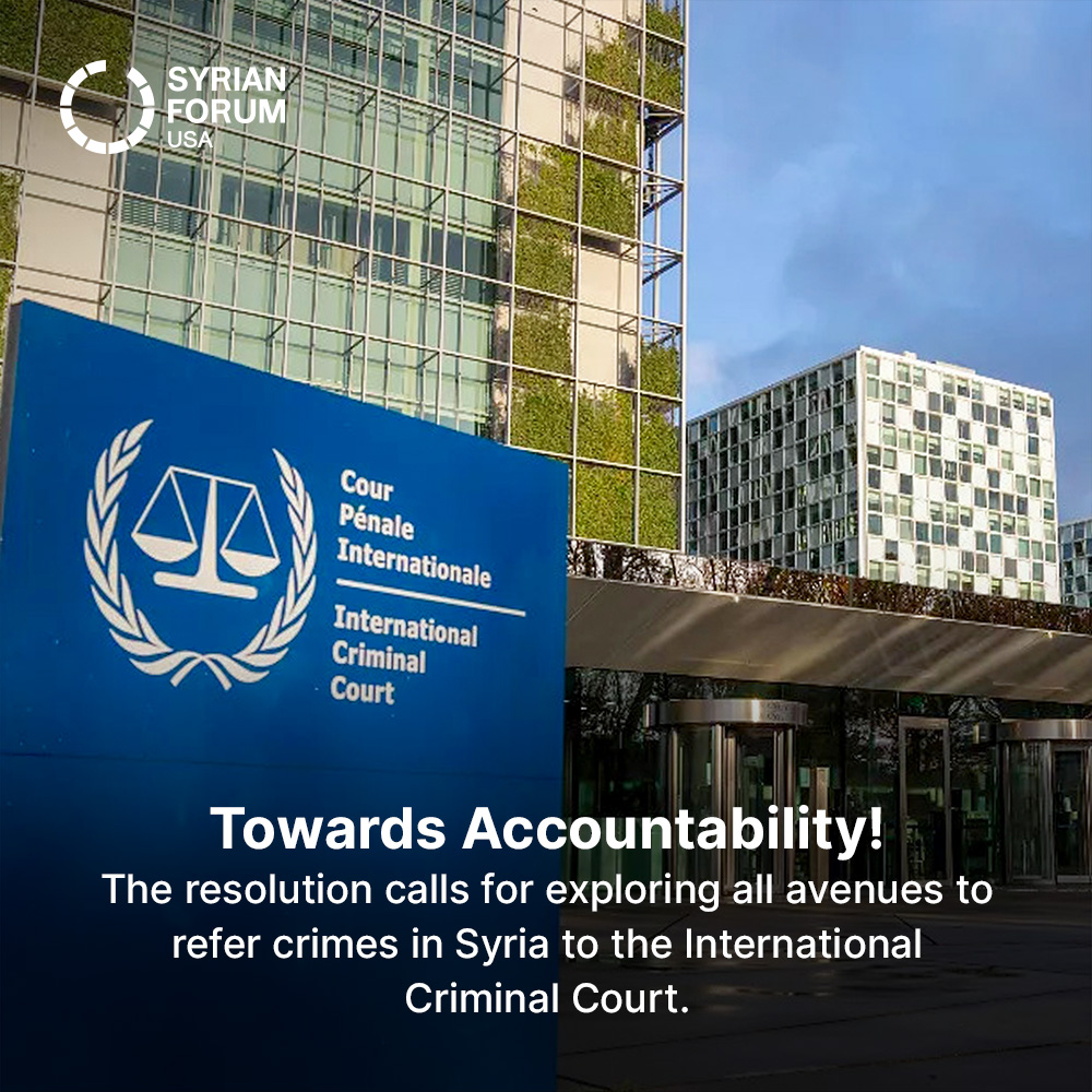 SyrianForumUSA's tweet image. The @SyrianForumUSA's efforts in the General Assembly resolution:

Strengthening the language of international justice for Syria.

#Syria #SyrianForumUSA #SupportSyria #ICC #UN #GeneralAssembly #advocacy #Syrian_revolution