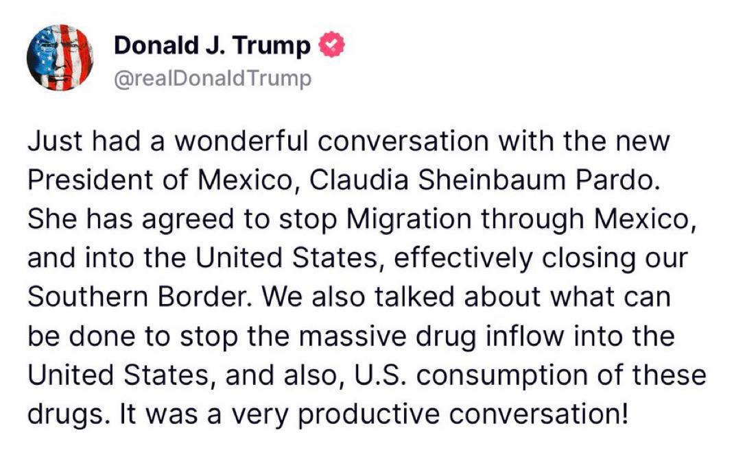 KristyTallman's tweet image. SOMETHING TO BE THANKFUL FOR 🦃🥳Trump Announces Agreement with Mexico to Halt Migration to U.S.

#TrumpTransition #MexicoUSRelations #MigrationPolicy #BorderSecurity #ImmigrationNews #USMexicoAgreement #BreakingNews #FentanylCrisis #NationalSecurity #InternationalPolitics