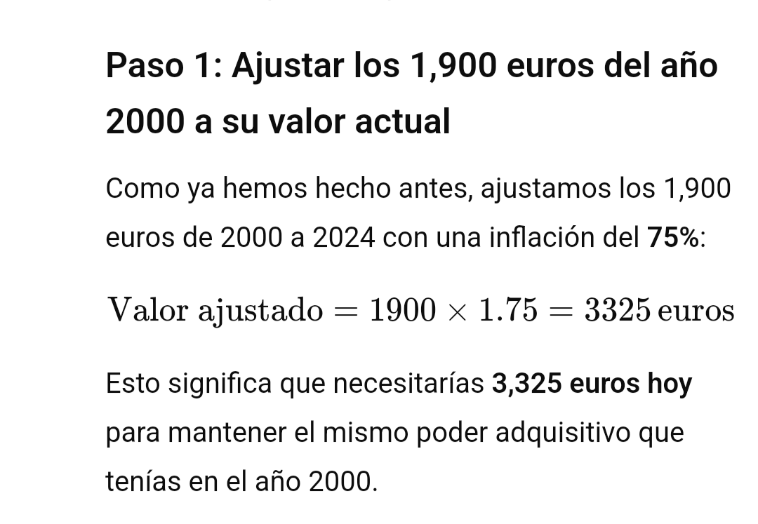 Los 1.900 euros que cobraba un profesor de secundaria (sin trienios) en el año 2000, equivaldrían hoy a 3.325 euros. El sueldo a día de hoy es de unos 2.200 euros. Es increíble el empobrecimiento de la sociedad española. Los únicos que han ganado poder adquisitivo son los