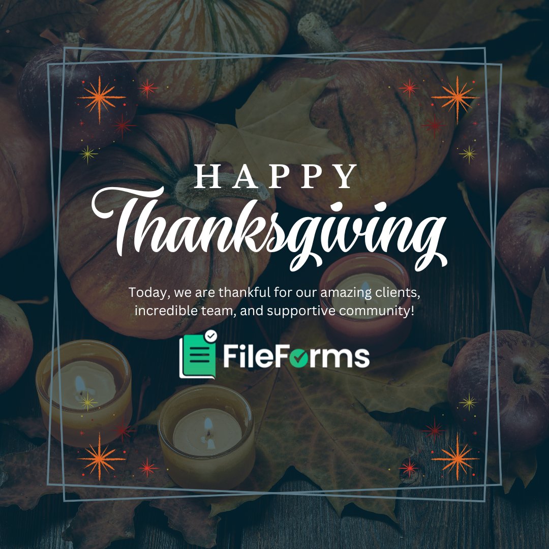 File_forms's tweet image. This Thanksgiving, we’re serving up gratitude with a side of compliance! Here’s to our incredible community of business owners and advisors who are focused on compliance and growth—even after turkey and pie. 🥧👏 #FileForms #Thanksgiving #Holiday #TurkeyDay