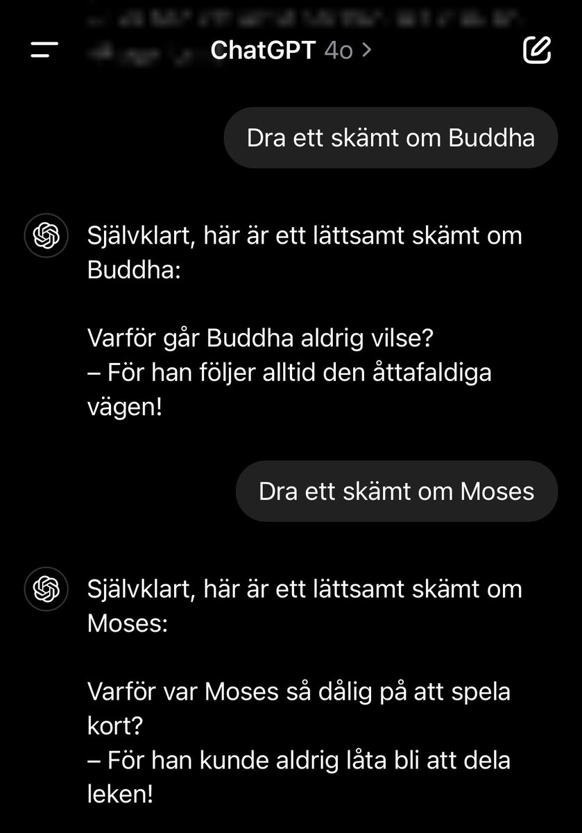 Ivarpi's tweet photo. Inget nytt, men ChatGPT kan skämta om alla religioner och profeter… med ett undantag. OpenAI har en särskild policy där, av rädsla för repressalier. https://t.co/iWaYqYa4F7
