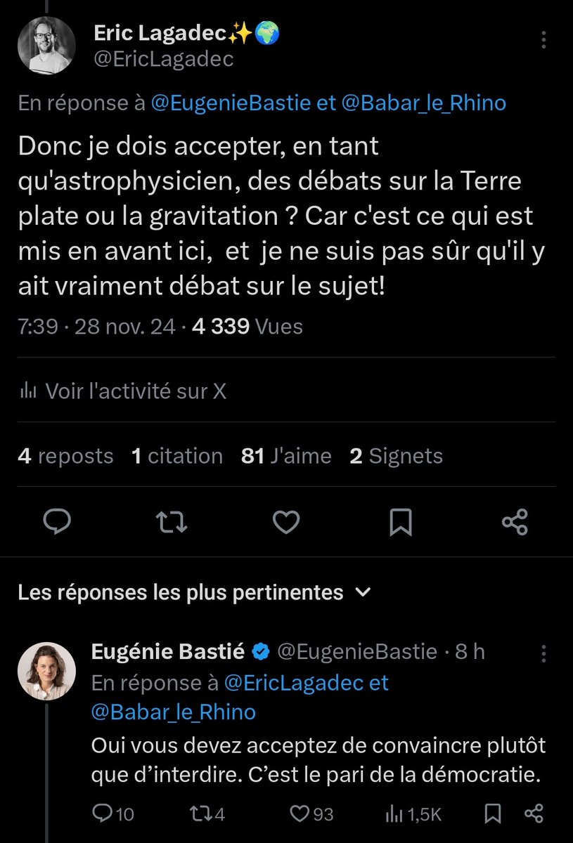 Eric Lagadec✨🌍 (@ericlagadec) on Twitter photo .<a href="/EugenieBastie/">Eugénie Bastié</a> , suite à cet échange, je vous invite à visiter un laboratoire pour découvrir comment la connaissance se crée.
J’espère que cela vous permettra de réaliser qu’une démocratie éclairée par les faits est plus souhaitable qu’une idiocratie assombrie par des croyances .<a href="/EugenieBastie/">Eugénie Bastié</a> , suite à cet échange, je vous invite à visiter un laboratoire pour découvrir comment la connaissance se crée.
J’espère que cela vous permettra de réaliser qu’une démocratie éclairée par les faits est plus souhaitable qu’une idiocratie assombrie par des croyances