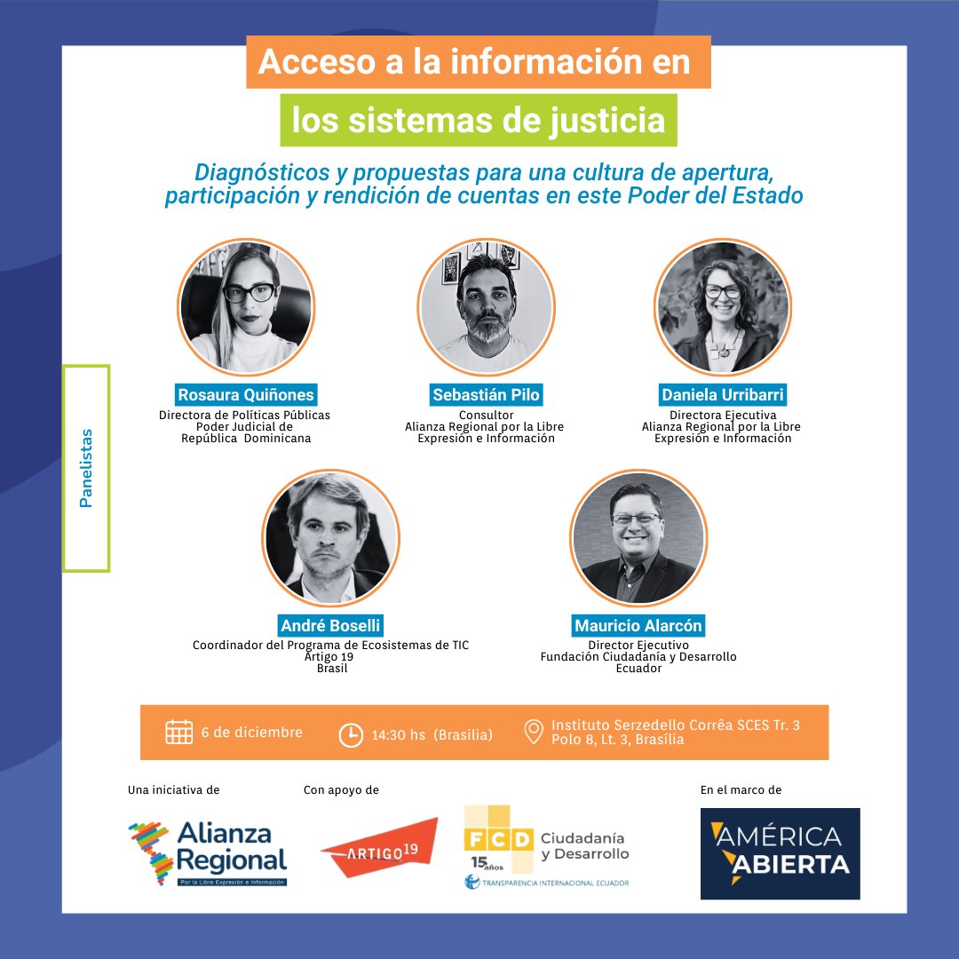 Alianza Regional (@alianzaregional) on Twitter photo 📢El próximo 6/12 compartiremos propuestas clave para fortalecer el acceso a la información el los sistemas judiciales de la región, en un conversatorio junto a <a href="/rosaquinones/">Rosaura Quiñones</a> <a href="/PoderJudicialRD/">Poder Judicial de la República Dominicana</a>, André Boselli <a href="/ARTIGO19/">ARTIGO 19 Brasil e América do Sul</a>, <a href="/aiarconsalvador/">Mauricio Alarcón-Salvador</a> <a href="/FCD_Ecuador/">Ciudadanía y Desarrollo</a>, <a href="/piloofkors/">Sebastián Pilo</a> y <a href="/dani_urribarri/">💚Daniela Urribarri💚</a> 📢El próximo 6/12 compartiremos propuestas clave para fortalecer el acceso a la información el los sistemas judiciales de la región, en un conversatorio junto a <a href="/rosaquinones/">Rosaura Quiñones</a> <a href="/PoderJudicialRD/">Poder Judicial de la República Dominicana</a>, André Boselli <a href="/ARTIGO19/">ARTIGO 19 Brasil e América do Sul</a>, <a href="/aiarconsalvador/">Mauricio Alarcón-Salvador</a> <a href="/FCD_Ecuador/">Ciudadanía y Desarrollo</a>, <a href="/piloofkors/">Sebastián Pilo</a> y <a href="/dani_urribarri/">💚Daniela Urribarri💚</a>