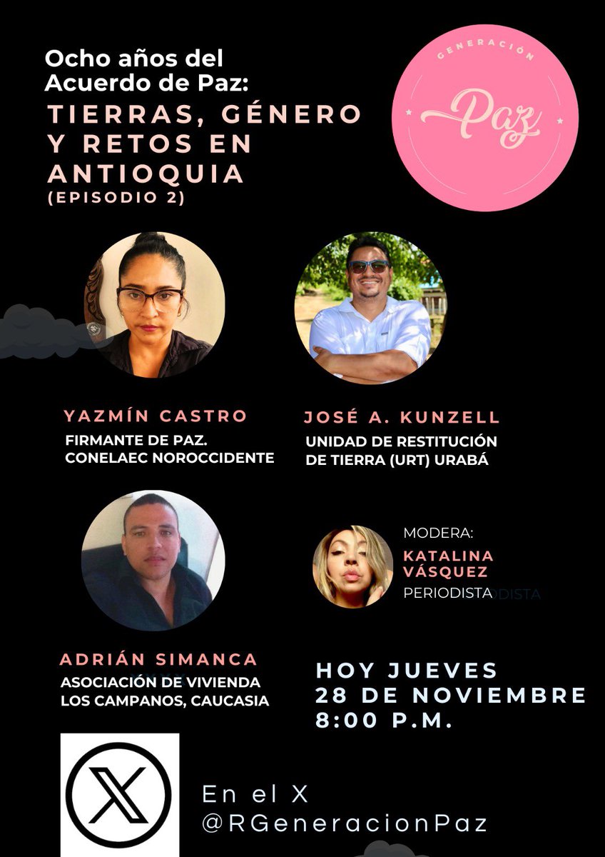📣📣📣 ¡Es hoy! ¿Cómo va la entrega de tierras y el enfoque de género en Yalí, Caucasia y Urabá a 8 años de la firma del Acuerdo de Paz?  No te pierdas nuestro #Episodio2 en X Space con:
- Yazmín Castro. Desde el Nordeste ✌🏽
- José Kunzell. Desde Urabá 🌱
- Adrián Simanca. Desde